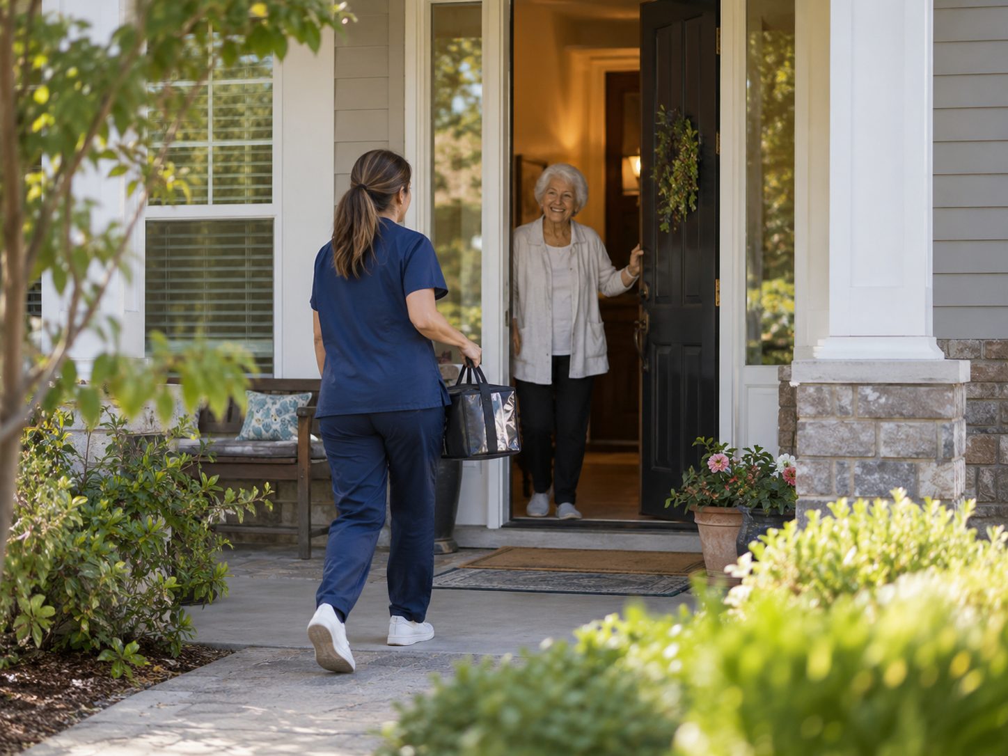 A caregiver in navy scrubs walking up the path to a front porch while an older woman waits in the open doorway.